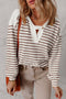 Textured Stripe Notched Button Tab V Neck Drop Shoulder Long Sleeve Top